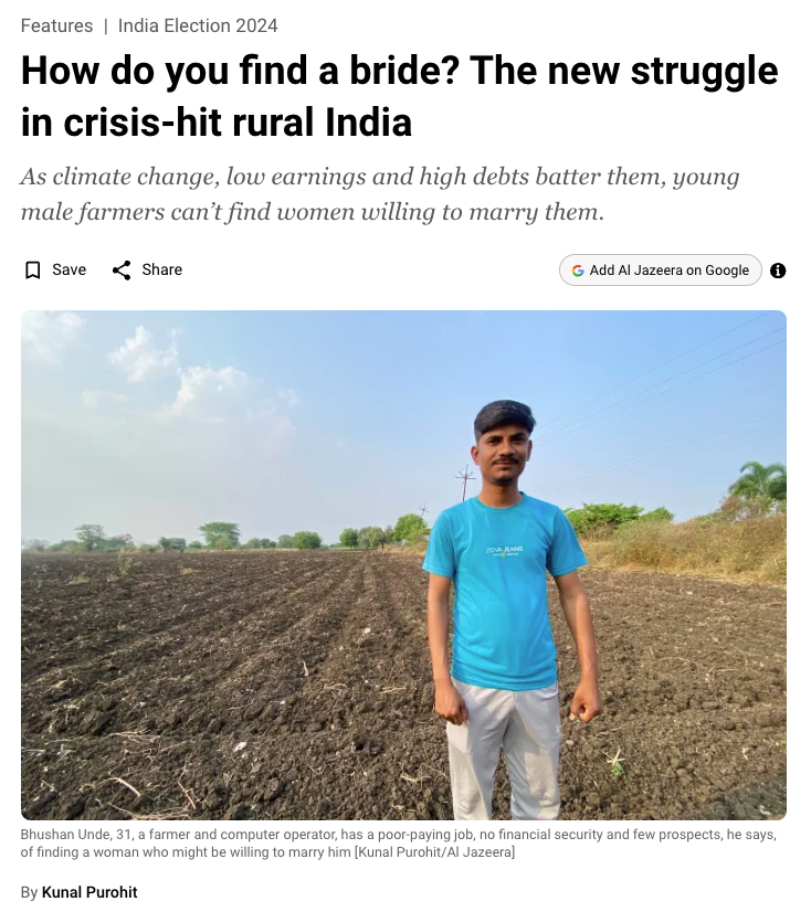 Screenshot of the Al Jazeera article How do you find a bride? The new struggle in crisis-hit rural India