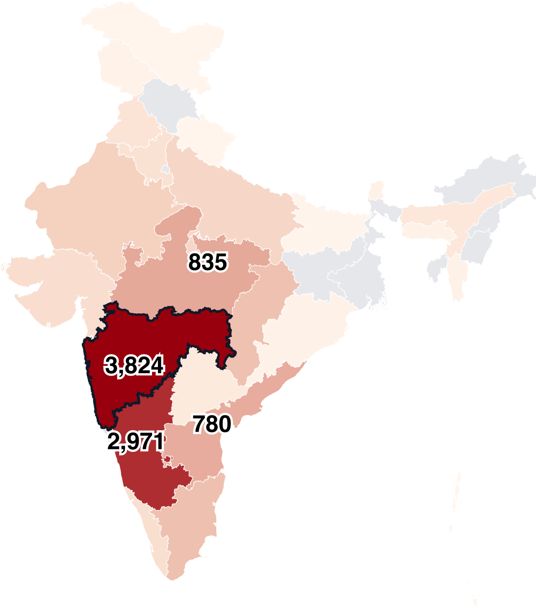 Map of farm-sector deaths by suicide across Indian states in 2024, with Maharashtra showing the highest total